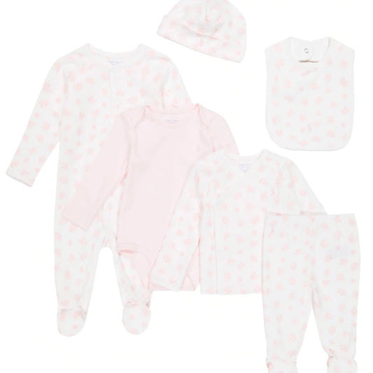 white and pink Ralph Lauren baby girl 7 piece set includes sleepsuit, pink body suit, wrap vest, leggings , hat and bib