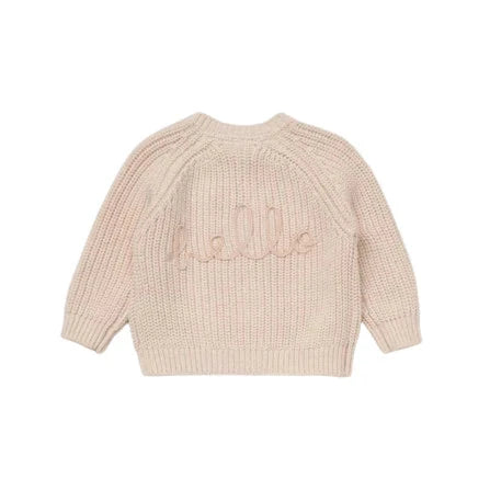 cream chunky knit baby cardigan with 'hello' embroidery