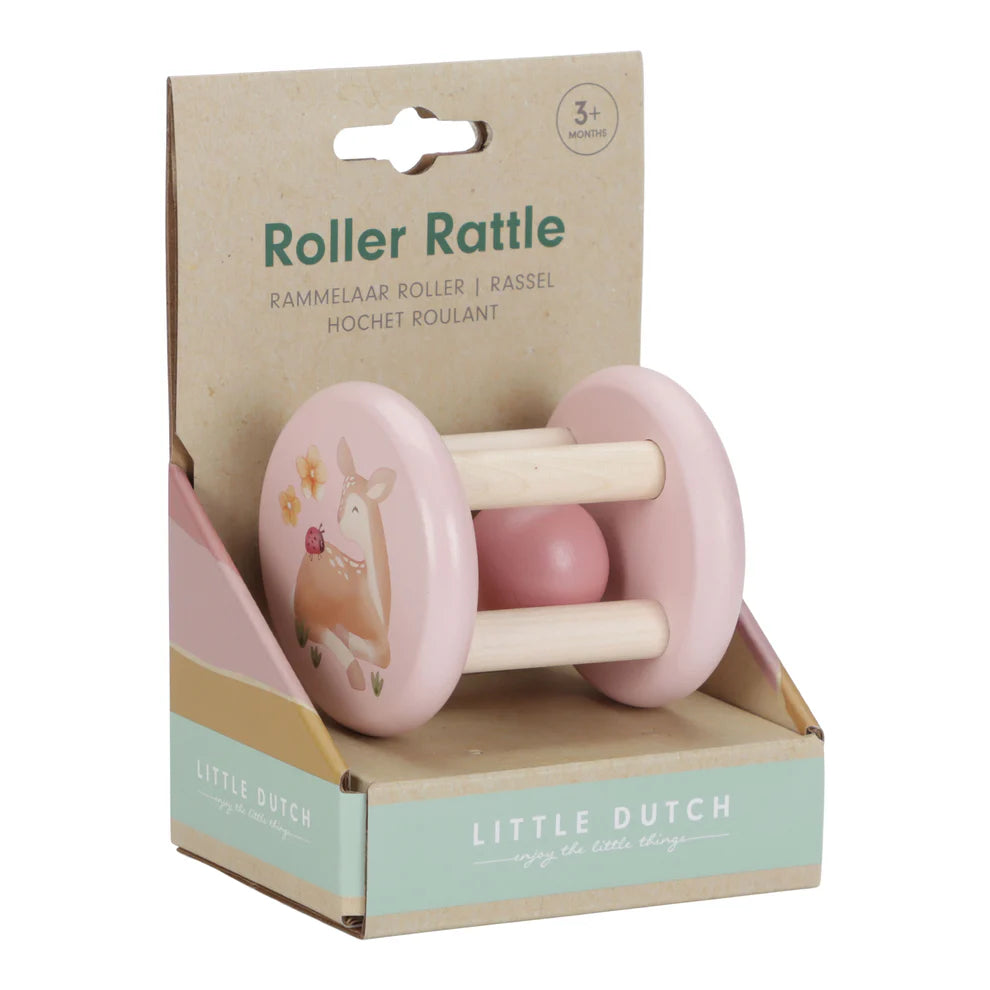wooden baby roller rattle in pink with fawn design 