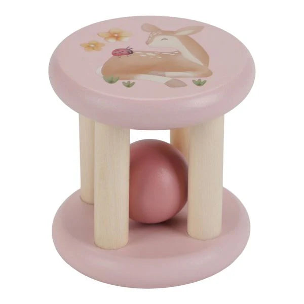 wooden baby roller rattle in pink with fawn design 
