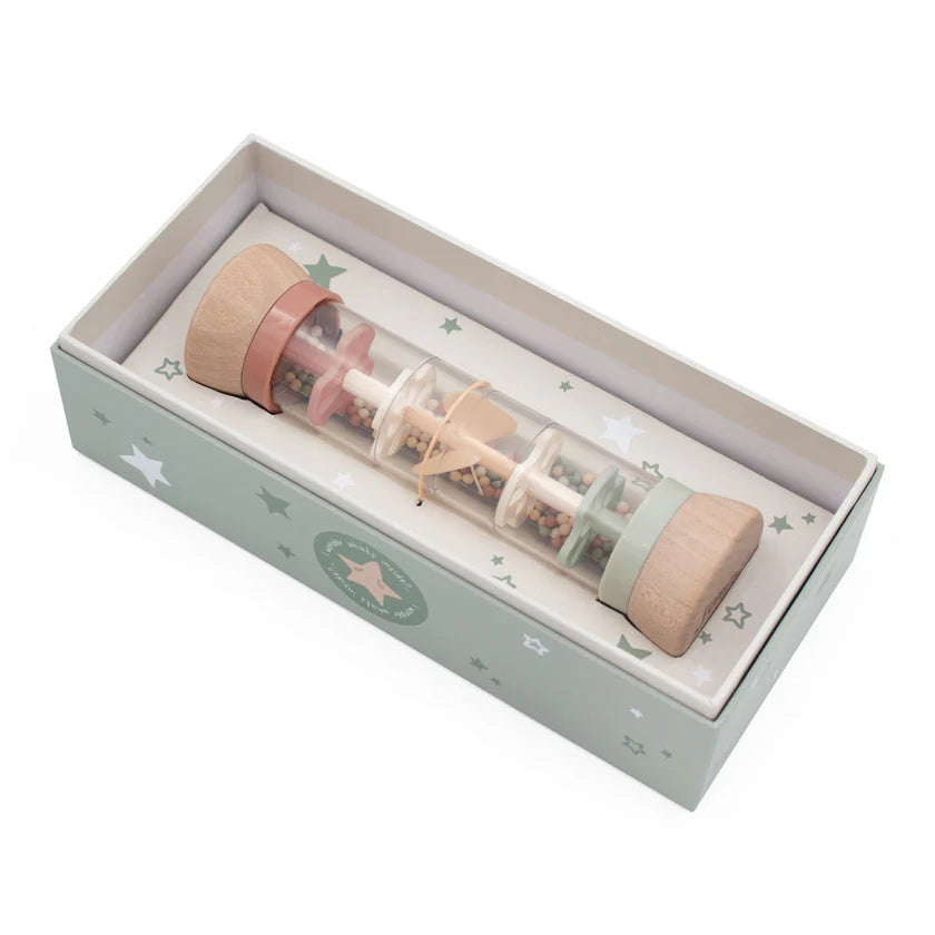 Glass sand timer with wooden ends in a decorative box on a white background