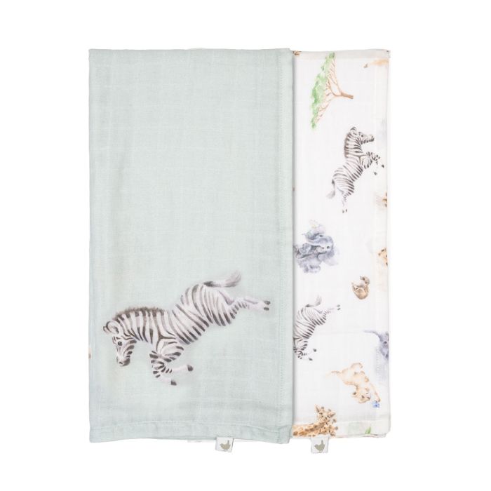 Two baby muslin blankets with zebra patterns on a white background