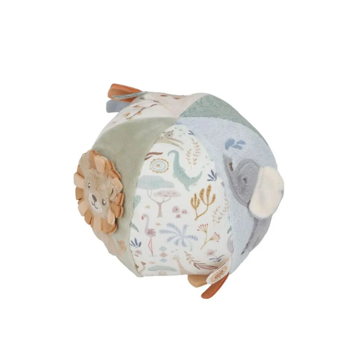 A round, multi-panel baby sensory toy featuring animal faces including a lion, elephant, and duck, with a soft patchwork design in muted pastel colors on a white background.