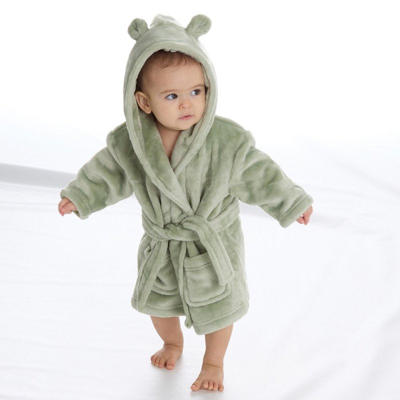Sage green baby dressing gown with cute ears 