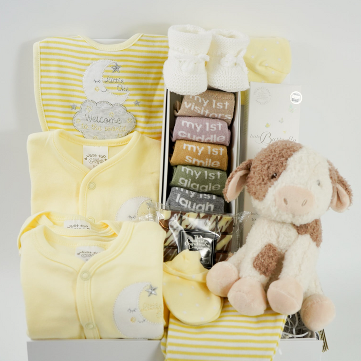 Unisex Baby Hamper And New Parents Gift, Lemon Baby Clothing Set, Little Dutch Soft Cow, Corporate Baby Hamper.