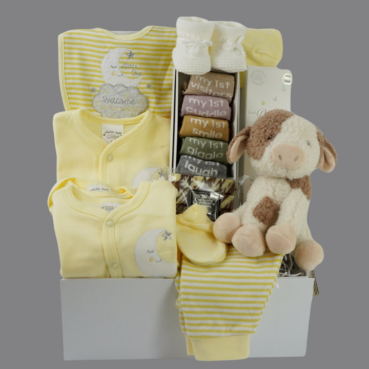 Unisex Baby Hamper And New Parents Gift, Lemon Baby Clothing Set, Little Dutch Soft Cow, Corporate Baby Hamper.