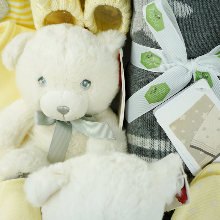 Lemon Neutral Baby Hamper Gift, Corporate Baby Gift, Baby Blanket, Baby Teddy And Plush Comforter