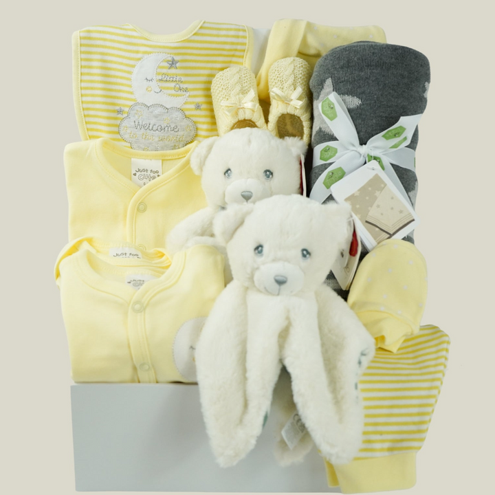 Lemon Neutral Baby Hamper Gift, Corporate Baby Gift, Baby Blanket, Baby Teddy And Plush Comforter