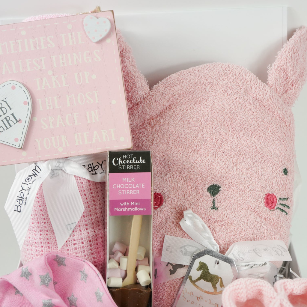 Baby Girl Hamper, Snuggly Bunny Baby Hooded Towel, Baby Blanket, New Mum Chocolate Treat