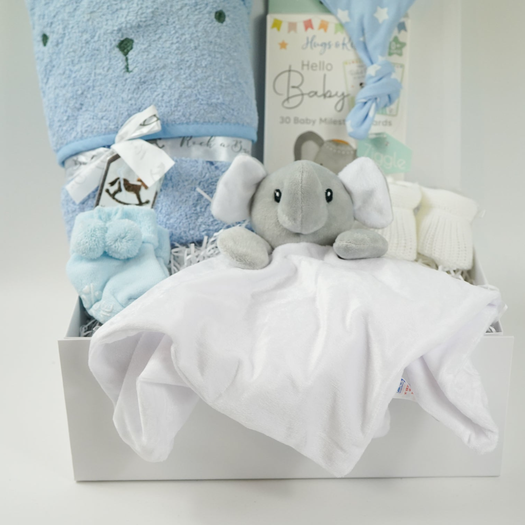 Baby Boy Hamper, Blue Teddy Hooded Towel, Baby Knot  Hat, Milestone Baby Cards, Personalised Baby Gift