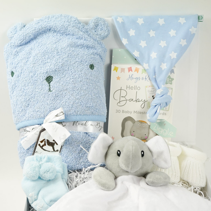 Baby Boy Hamper, Blue Teddy Hooded Towel, Baby Knot  Hat, Milestone Baby Cards, Personalised Baby Gift