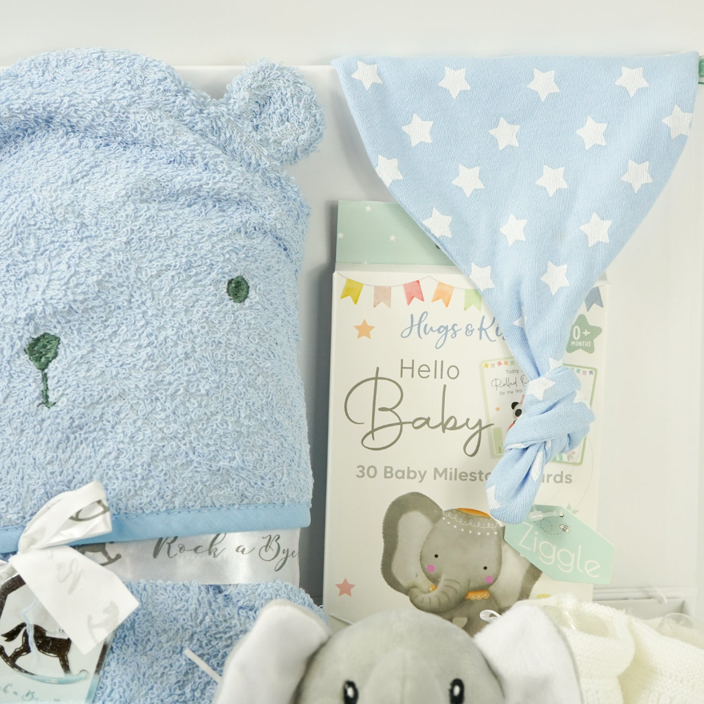 Baby Boy Hamper, Blue Teddy Hooded Towel, Baby Knot  Hat, Milestone Baby Cards, Personalised Baby Gift