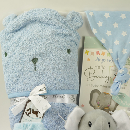 Baby Boy Hamper, Blue Teddy Hooded Towel, Baby Knot  Hat, Milestone Baby Cards, Personalised Baby Gift