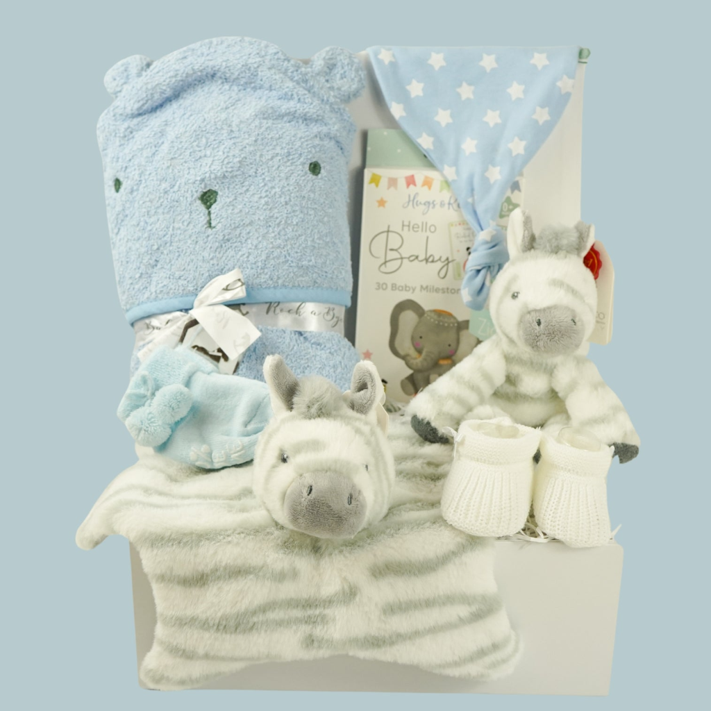 Baby Boy Hamper, Blue Teddy Hooded Towel, Baby Knot Hat, Milestone Baby Cards