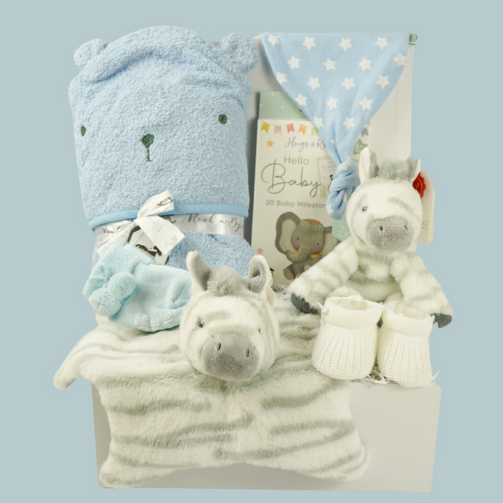 Baby Boy Hamper, Blue Teddy Hooded Towel, Baby Knot Hat, Milestone Baby Cards