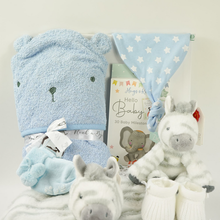 Baby Boy Hamper, Blue Teddy Hooded Towel, Baby Knot Hat, Milestone Baby Cards