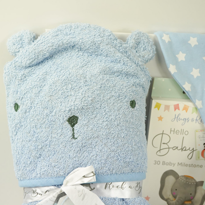 Baby Boy Hamper, Blue Teddy Hooded Towel, Baby Knot Hat, Milestone Baby Cards