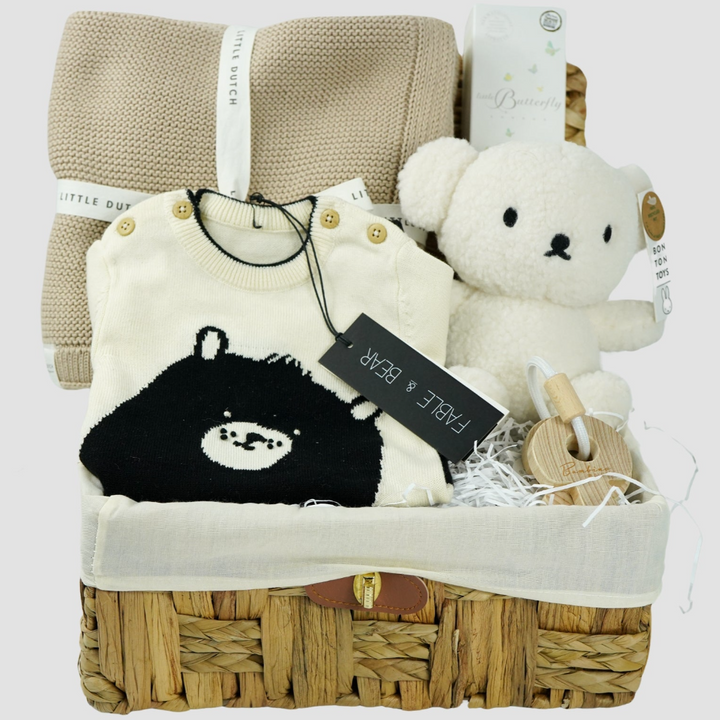 Luxury Neutral Baby Hamper, Fable And Bear Organic Romper, Organic Blanket, Recycled Teddy, Corporate Baby Gift