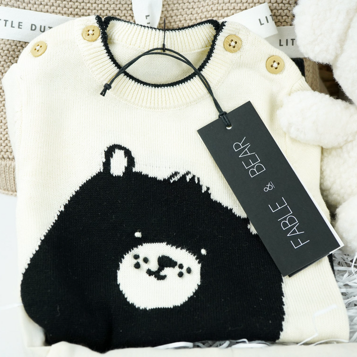 Luxury Neutral Baby Hamper, Fable And Bear Organic Romper, Organic Blanket, Recycled Teddy, Corporate Baby Gift