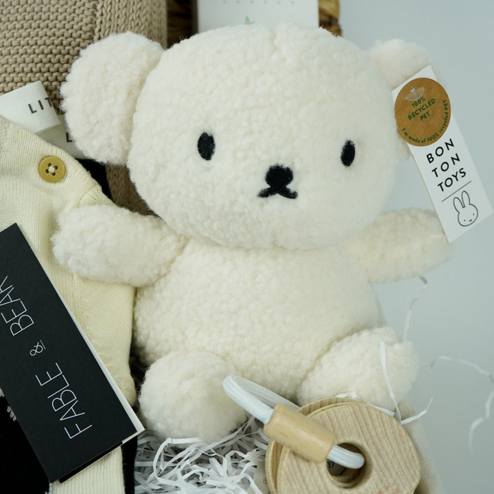 Luxury Neutral Baby Hamper, Fable And Bear Organic Romper, Organic Blanket, Recycled Teddy, Corporate Baby Gift