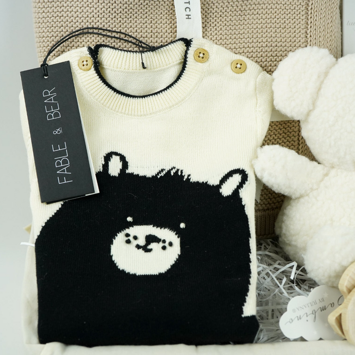 Luxury Neutral Baby Hamper, Fable And Bear Organic Romper, Organic Blanket, Recycled Teddy, Corporate Baby Gift