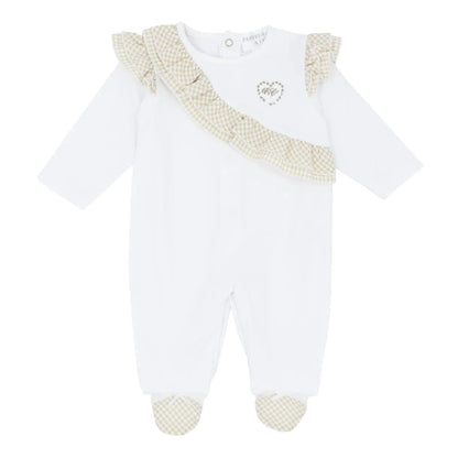 White luxury baby girl sleepsuit with caramel and white check ruffle  by Pastels  & Co