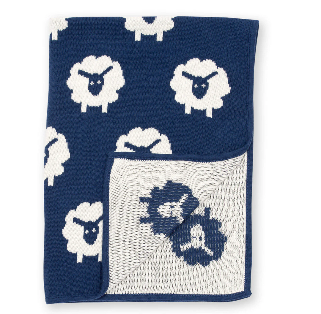 Navy and white sheep design GOTS  Organic baby blanket