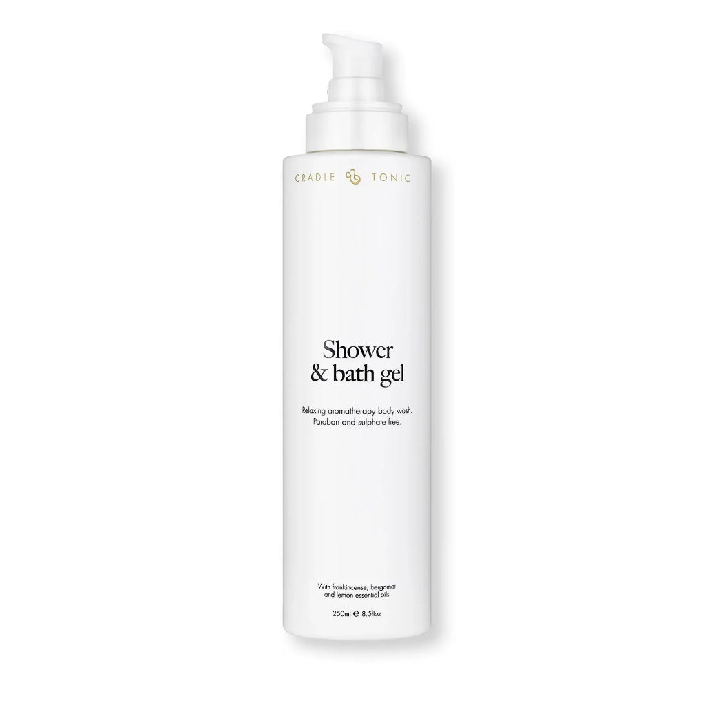 A 350ml white pump bottle of Cerable Tonic Shower & Bath Gel, featuring a minimalist white label with black text and gold lettering, set against a clean white background.