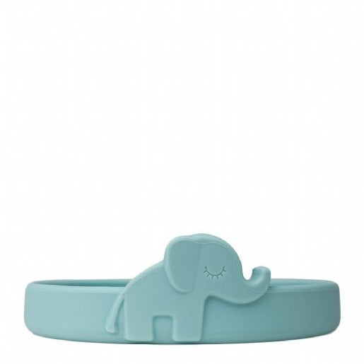 Silicone baby bowl with elephant, silicone baby mug with double handle and fork with silicone handle in blue