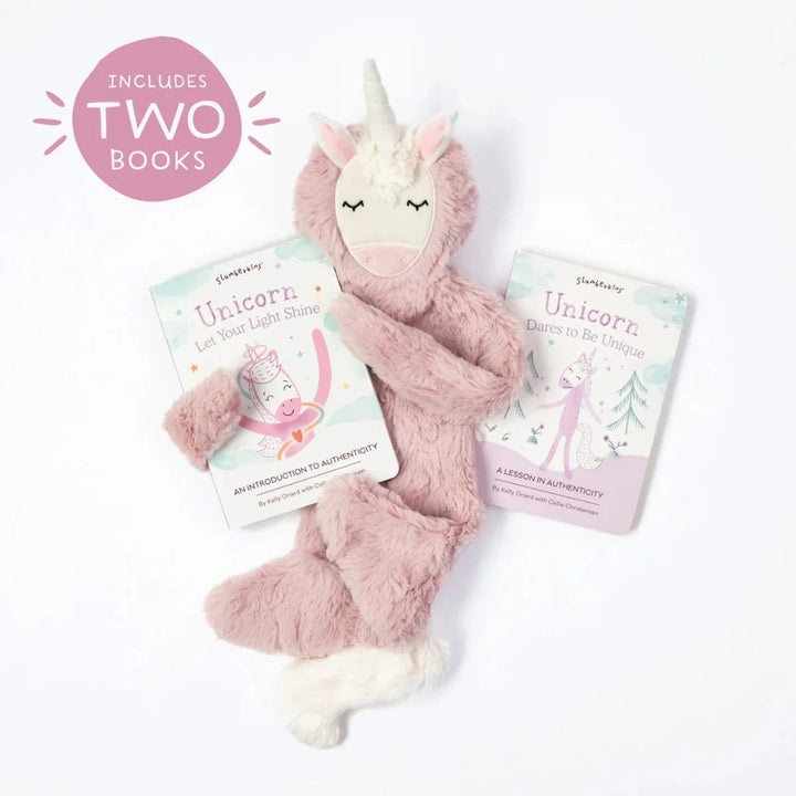 soft pink unicorn snuggler and 2 board books promoting emotional health