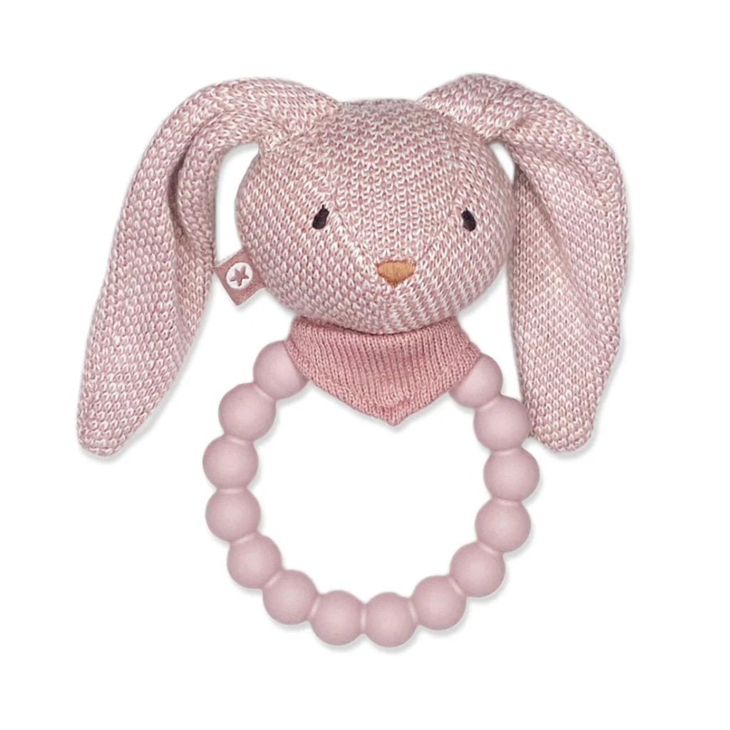 Knitted bunny teething ring with pink beads on a white background