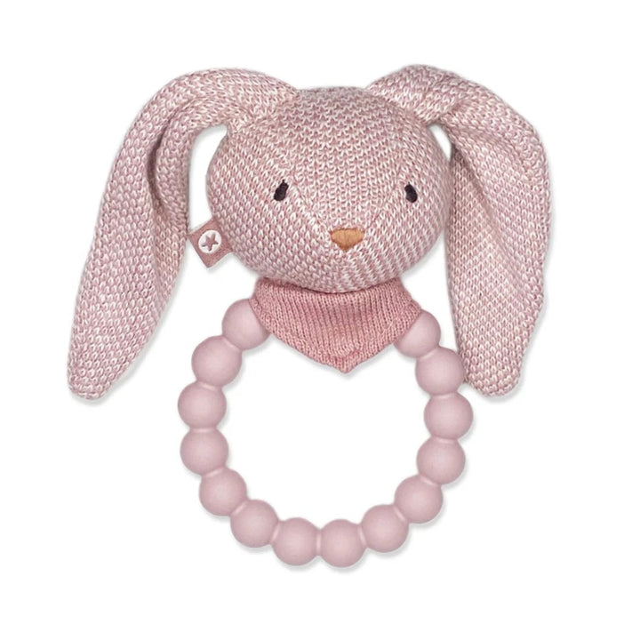 Knitted bunny teething ring with pink beads on a white background