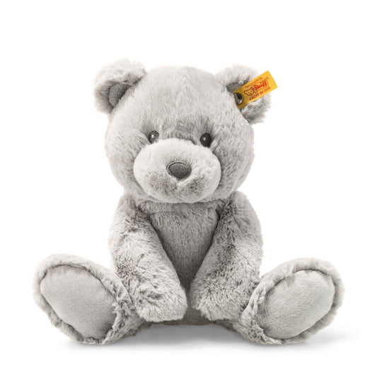 Grey soft steiff teddy bear with embroidered eyes and button in ear