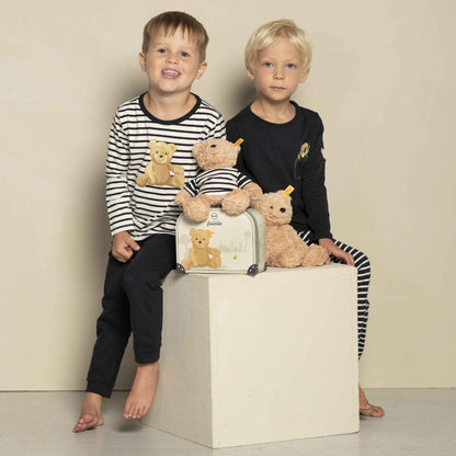 Soft teddy by steiff with button in ear in a pale green suitcase with a teddy on the front