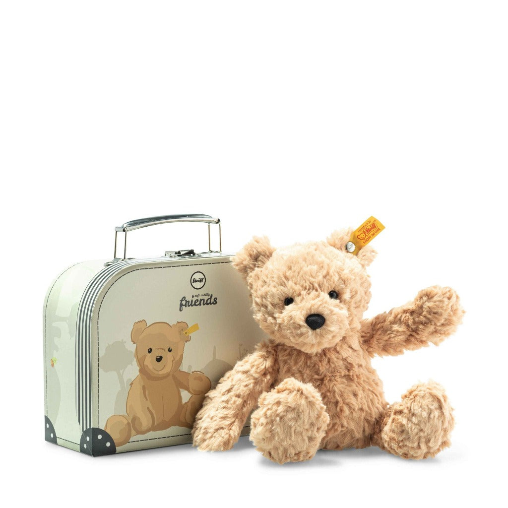 Soft teddy by steiff with button in ear in a pale green suitcase with a teddy on the front