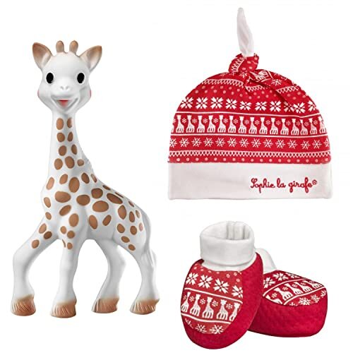 Sophie La Girafe christmas set with red and white baby hat and booties
