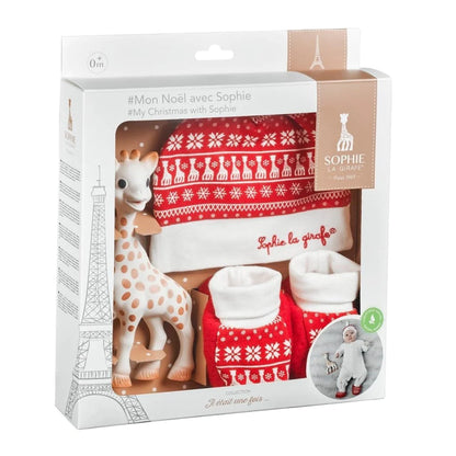 Sophie La Girafe christmas set with red and white baby hat and bootiees