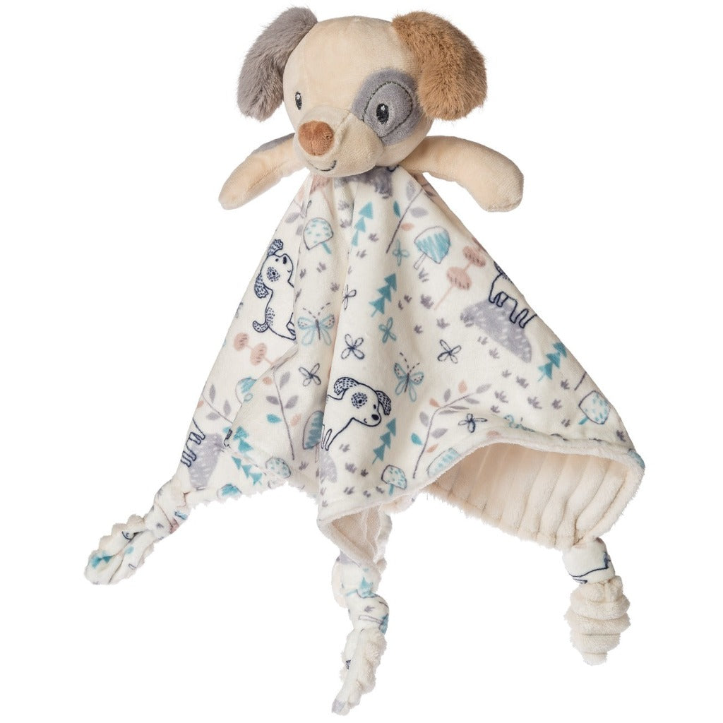 Soft comfort blanket with puppy stuffed head and knotted corners 