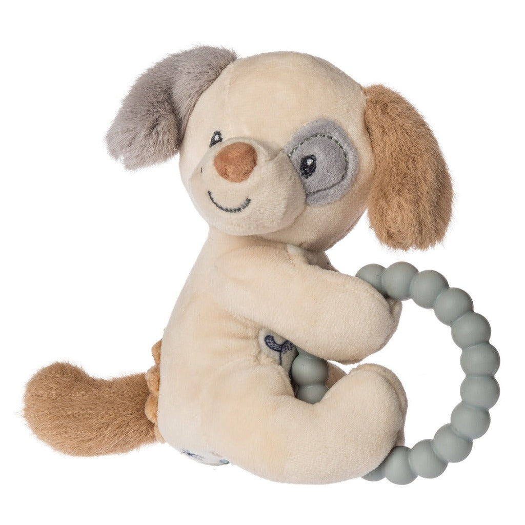 Sparky puppy cream, brown and grey puppy with rubber teething ring