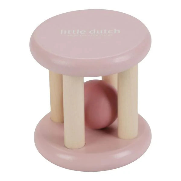 wooden baby roller rattle in pink with fawn design 