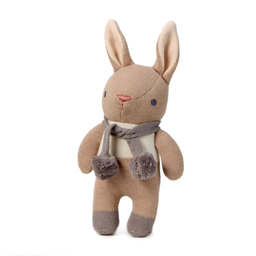 Taupe knitted rabbit with rattle baby soft toy 