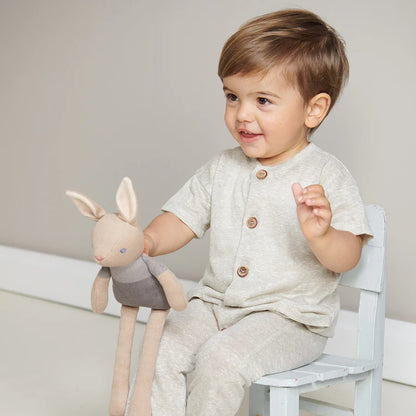 Taupe coloured cotton organic baby rabbit soft toy