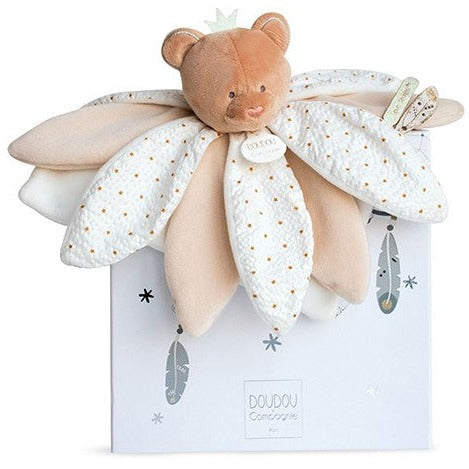 luxury baby comforter with teddy head and petal design in textured fabrics