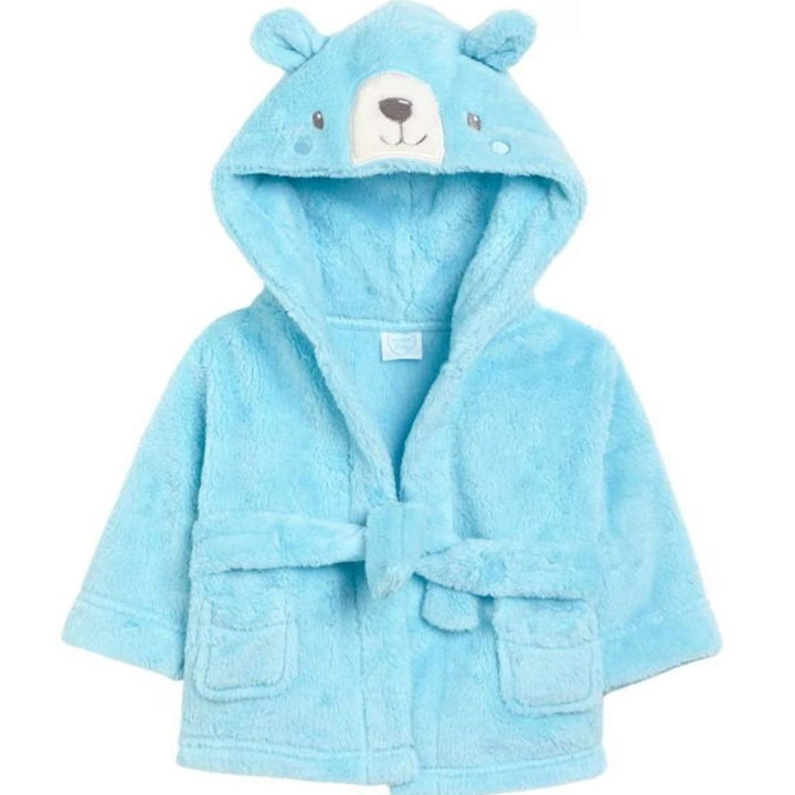 blue baby dressing gown with teddy face 