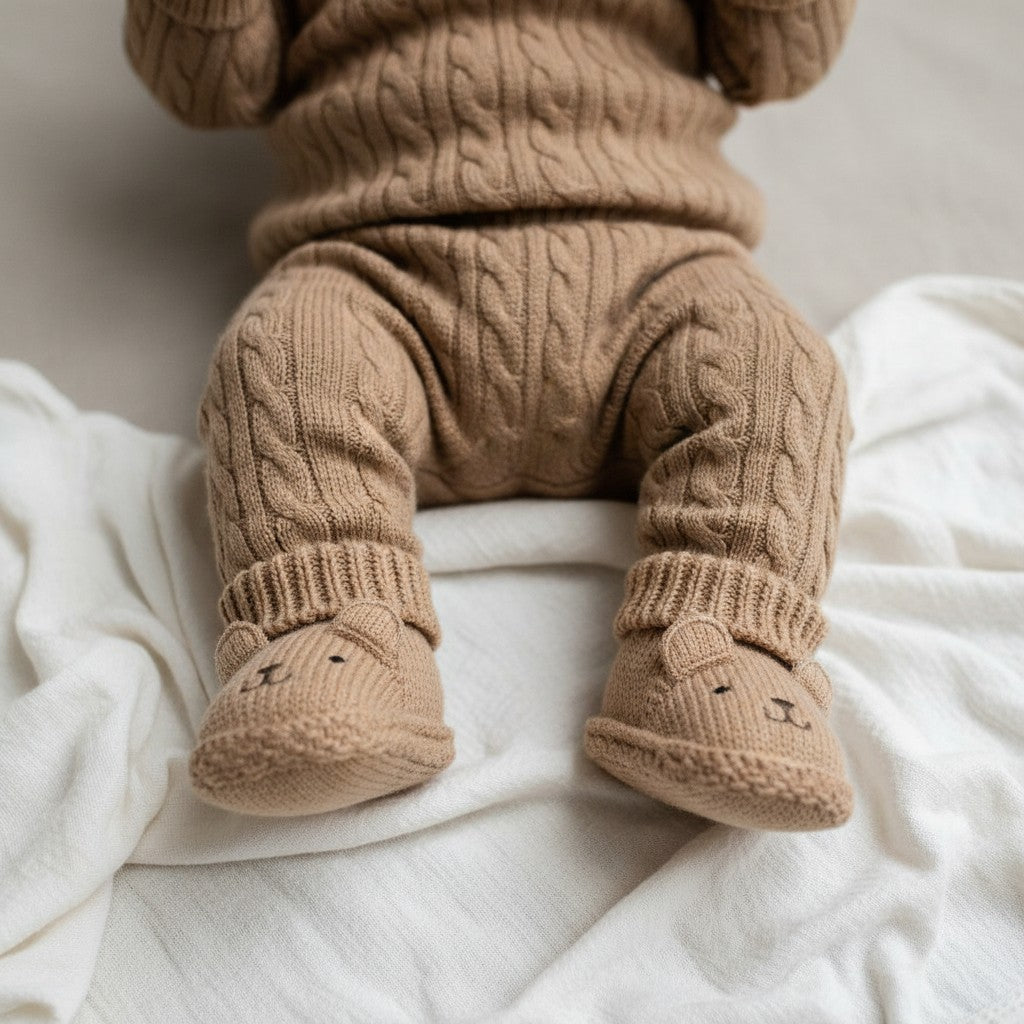 teddy knitted baby bootees in brown