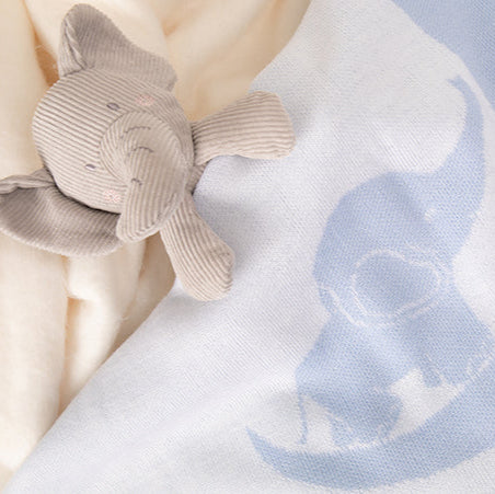 Personalised Luxury Baby Elephant Shawl 100% Fine Merino Wool Blue and Soft White, Baby Blanket G.H.Hurt & Son, Baby Coming Home Gift, Christening Present