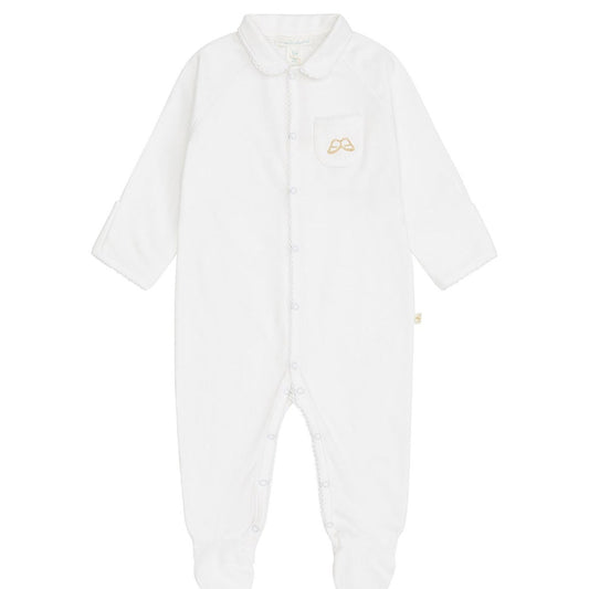 white cotton baby sleepsuit with gold angel wing embroidery on the pocket and picot edging 
