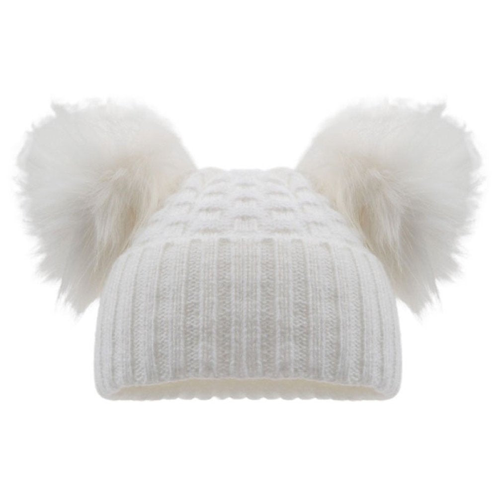 White knit beanie with two large white fur pom-poms 