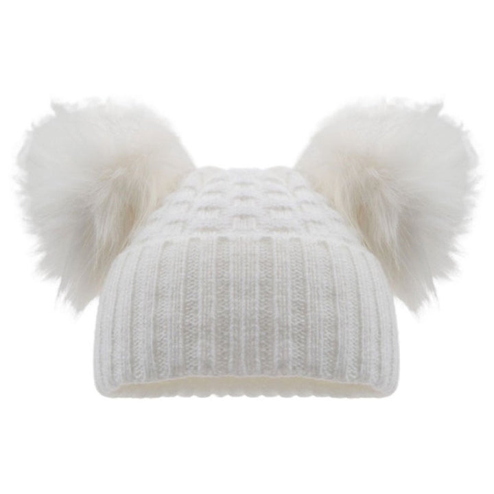 White knit beanie with two large white fur pom-poms 
