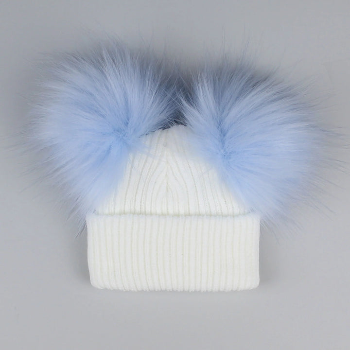 Luxury Double Fluffy Pompom First Size Baby Hat, Pink, White Or Blue